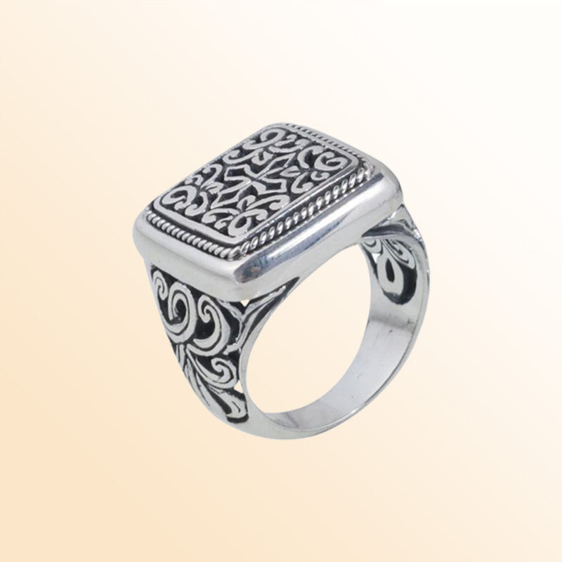 Sterling silver scrollwork heritage ring for men with rectangular engraved design, handcrafted in Bali.