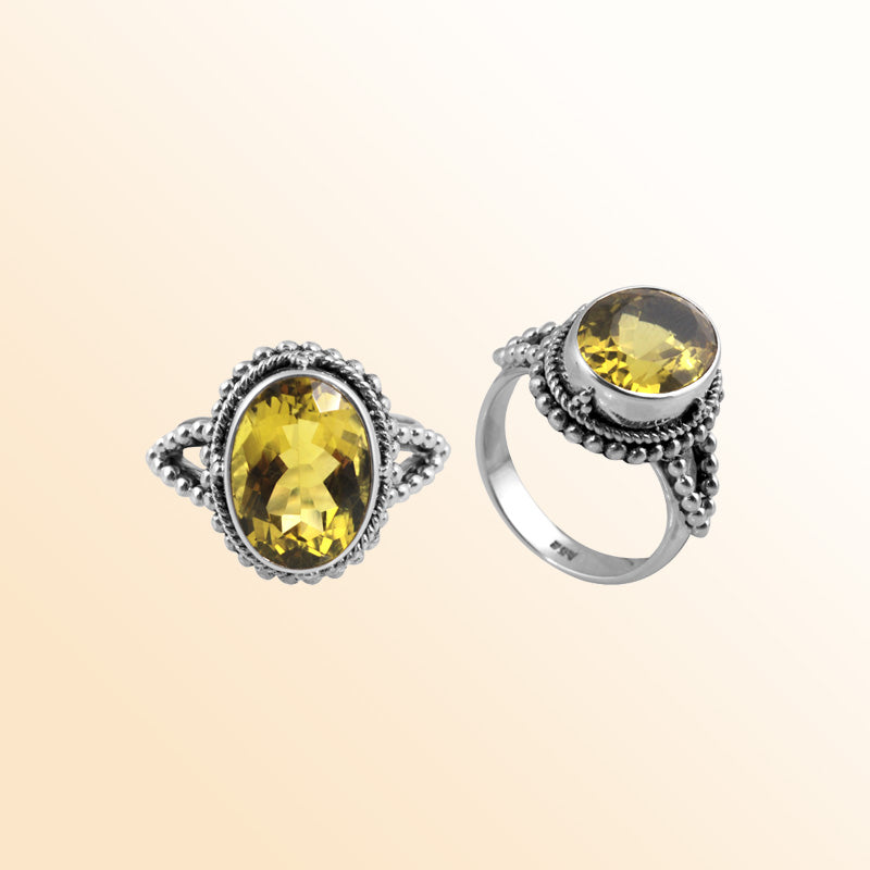 Sterling Silver Lemon Quartz Radiant Beaded Ring Handcrafted in Bali with Oxidized Finish