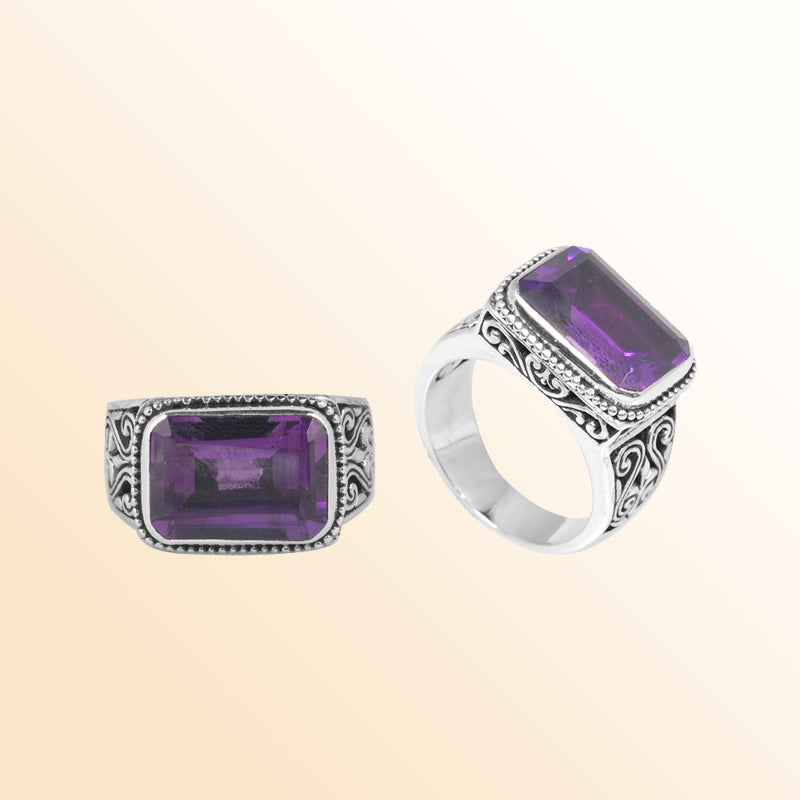 Sterling Silver Ring With Amethyst Quartz Rectangular Cut & Balinese Scroll Design Handcrafted In Bali