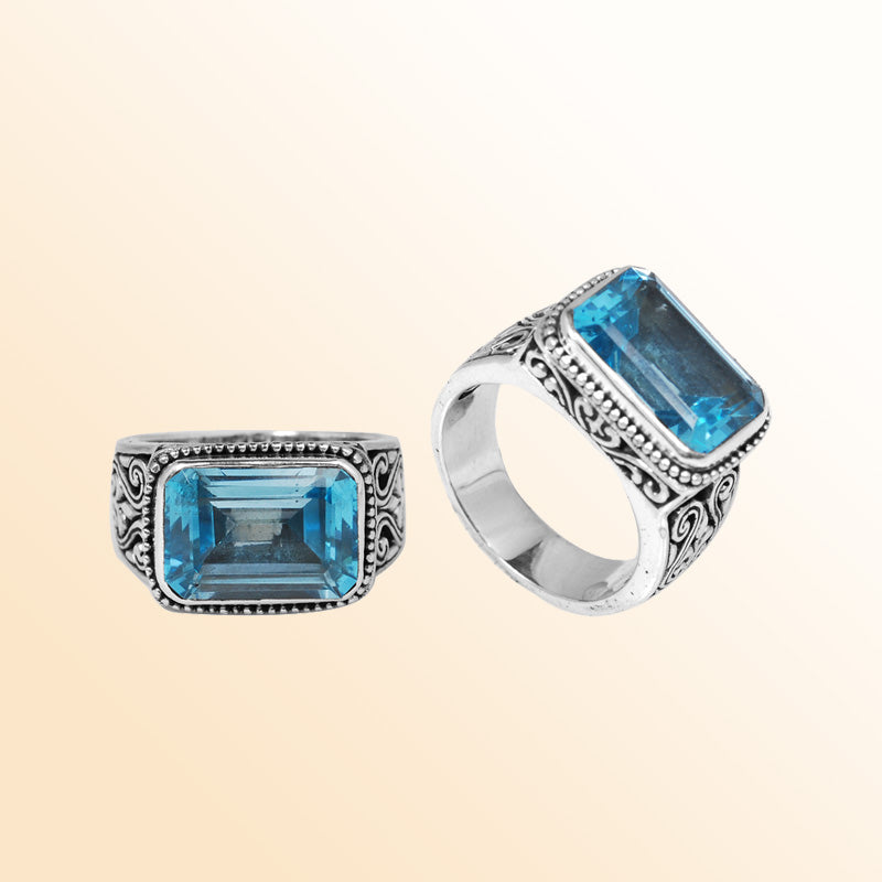 Sterling Silver Ring With Blue Topaz Quartz Rectangular Cut & Balinese Scroll Design Handcrafted In Bali