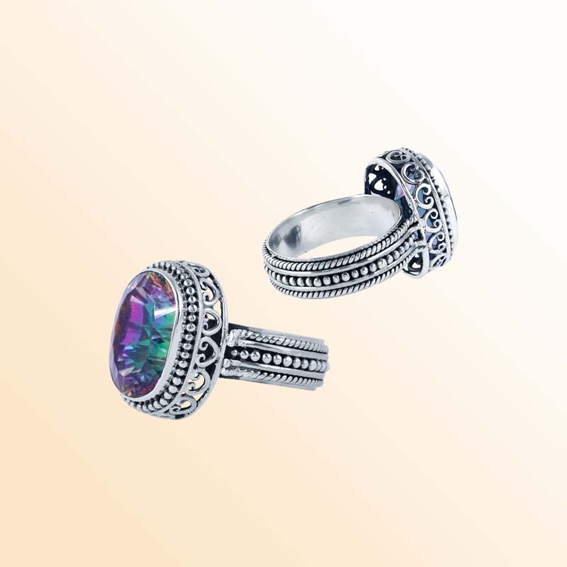 Sterling Silver Ring With Mystic Quartz And Handcrafted Balinese Filigree Design