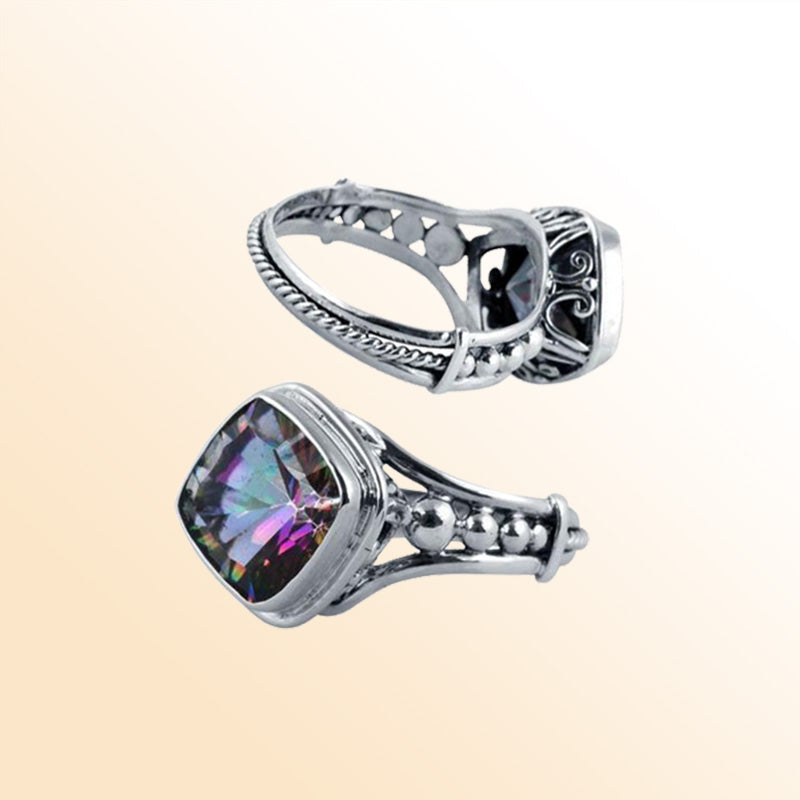 Sterling Silver Mystic Quartz Cushion Ring With Antique Oxidized Finish, Handcrafted In Bali
