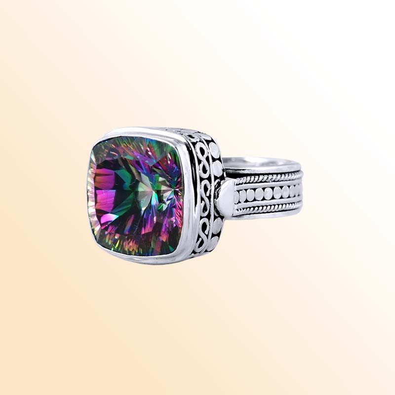 Sterling Silver Mystic Quartz Cushion Ring With Beaded Band, Antique Oxidized Finish, Handcrafted In Bali