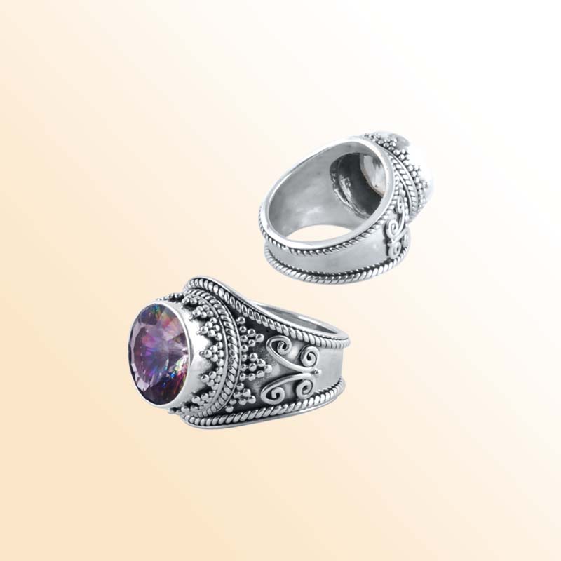 Sterling Silver Mystic Quartz Round Ring With Ornate Band, Antique Oxidized Finish, Handcrafted In Bali