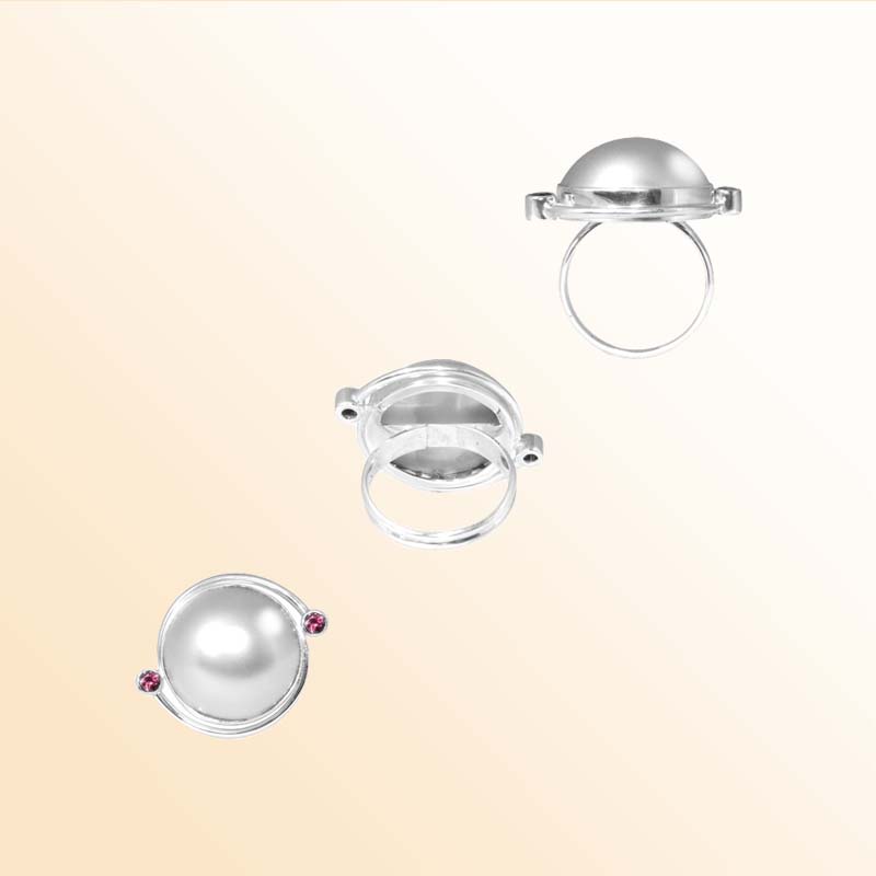 Sterling Silver Ring With Mabe Pearl And Garnet Quartz, Minimalist Design, Antique Oxidized Finish, Handcrafted In Bali