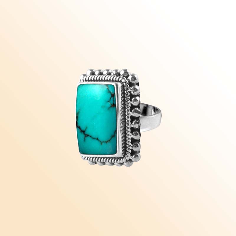 Sterling Silver Turquoise Shell Rectangle Ring With Beaded Border, Antique Oxidized Finish, Handcrafted In Bali
