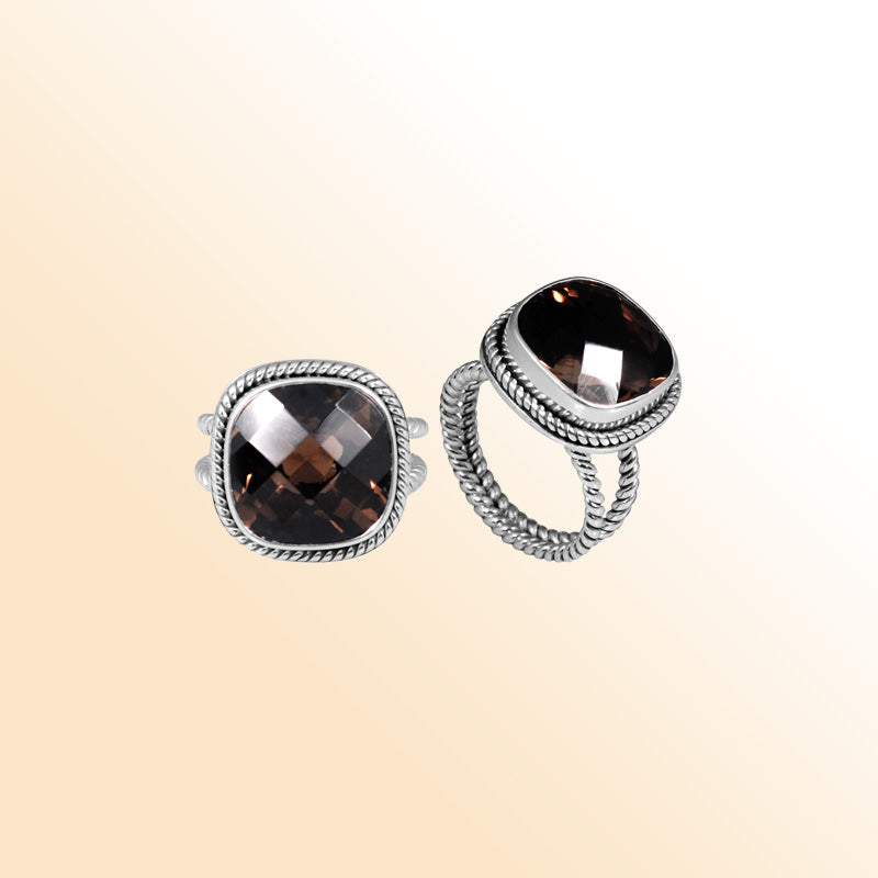 Sterling Silver Ring With Smoky Quartz, Cushion Rope Frame, Mirror Polished Silver Finish, Handcrafted In Bali