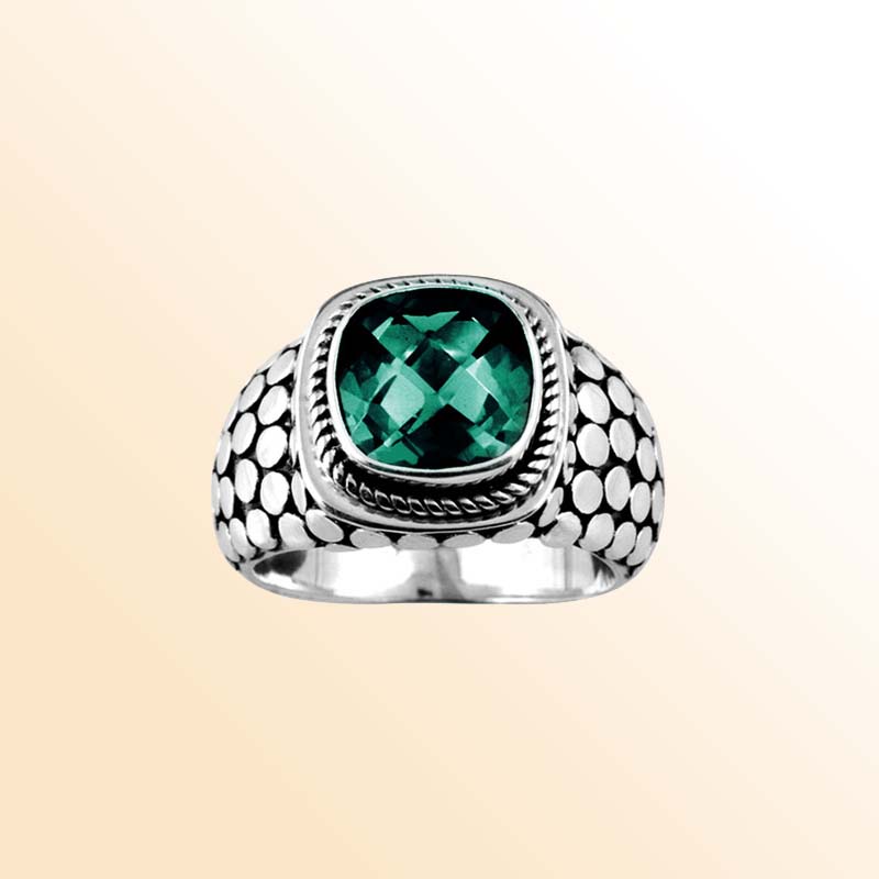 Handcrafted sterling silver Green Quartz cushion ring with dotted Bali oxidized band