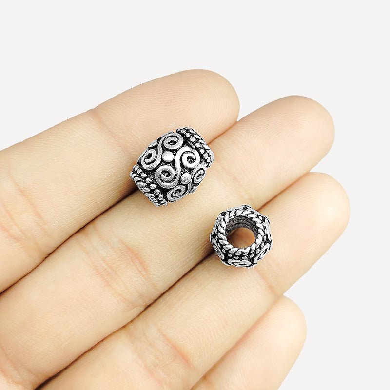 Silver Overlay Over Copper scroll rope barrel spacer bead handcrafted in India, decorative metallic finish jewelry making component.