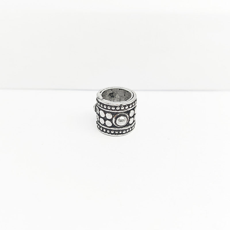 Silver Overlay Over Copper studded barrel spacer bead handcrafted in India, decorative metallic finish jewelry making component.
