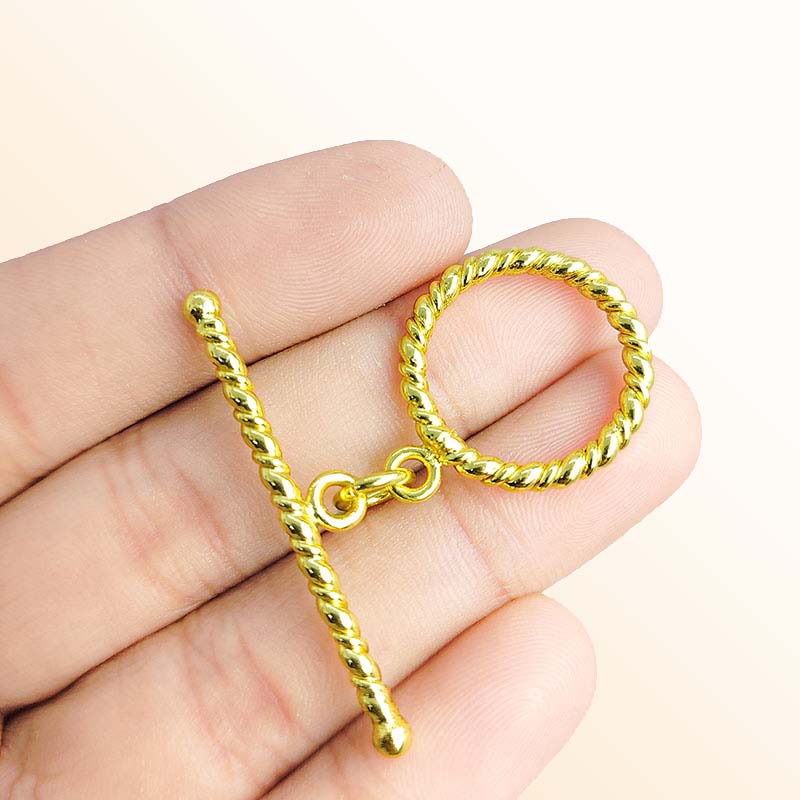 Handmade 18K gold overlay toggle clasp with polished twisted rope ring and bar, crafted in India for bracelets and necklaces