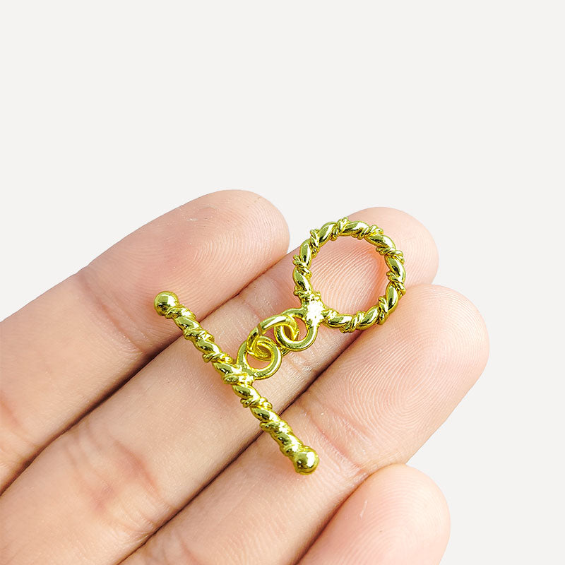 Handmade 18K gold overlay toggle clasp with polished twisted rope ring and bar, crafted in India for bracelets and necklaces