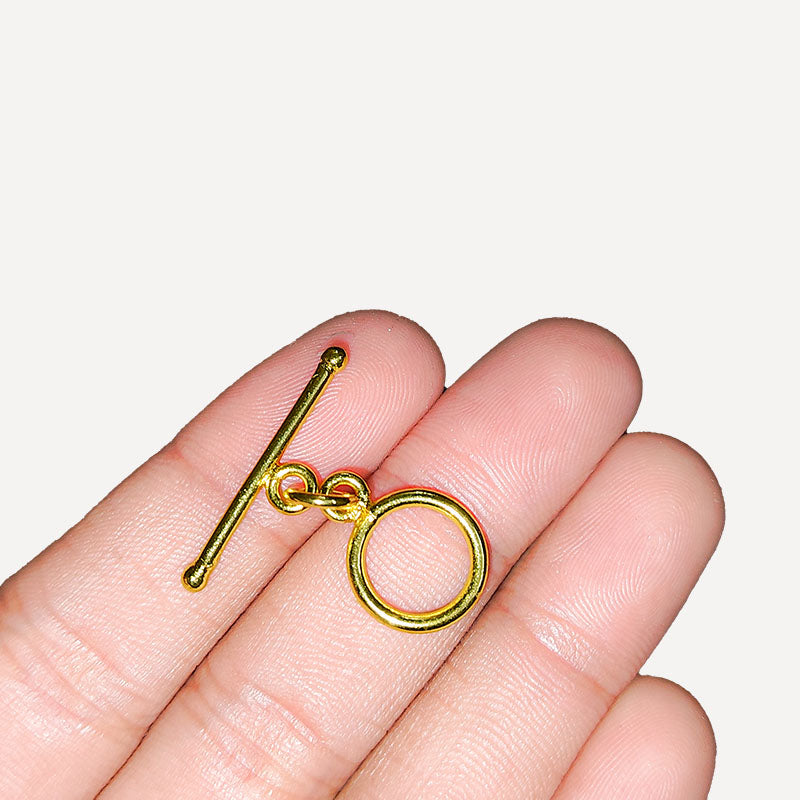 Handmade 18K gold overlay toggle clasp with polished round ring and bar with rounded ball ends, crafted in India for bracelets and necklaces