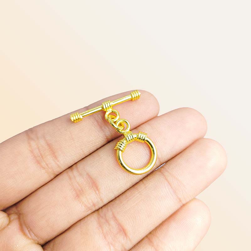Stylish 18K gold overlay wire-wrapped toggle clasp with round ring and bar design, handcrafted in India, perfect for bracelets and necklaces.