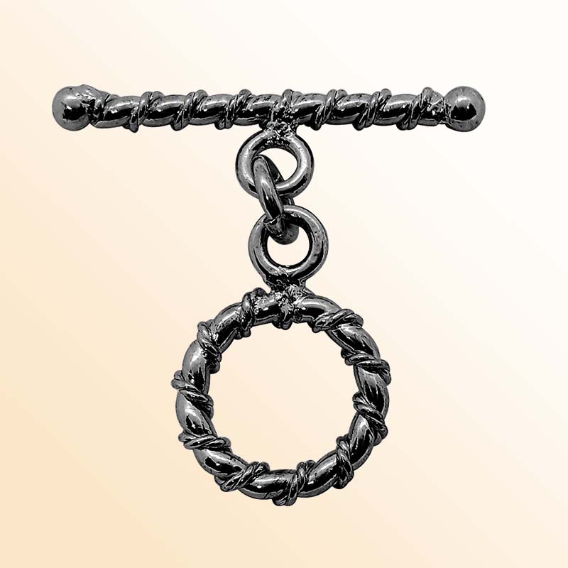 Handcrafted Black Rhodium Overlay toggle clasp from India with twisted rope circular ring design for bracelets and necklaces.