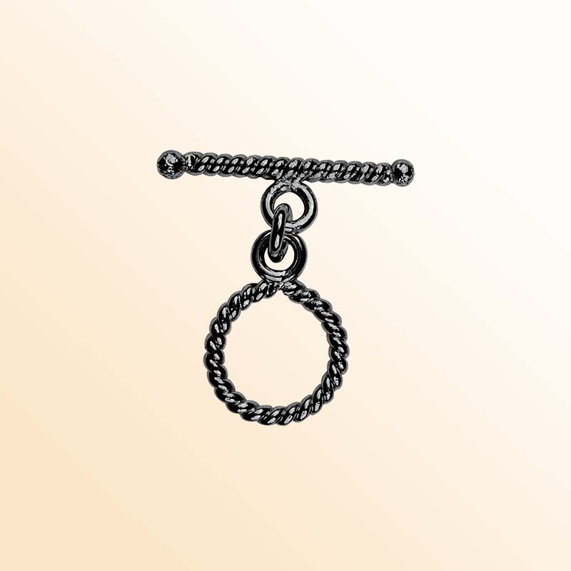 Handcrafted Black Rhodium Overlay toggle clasp from India with rope twist circular ring and bar design.