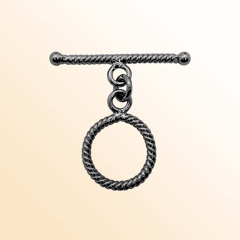 Handcrafted Black Rhodium Overlay toggle clasp from India with rope pattern circular ring and bar design.
