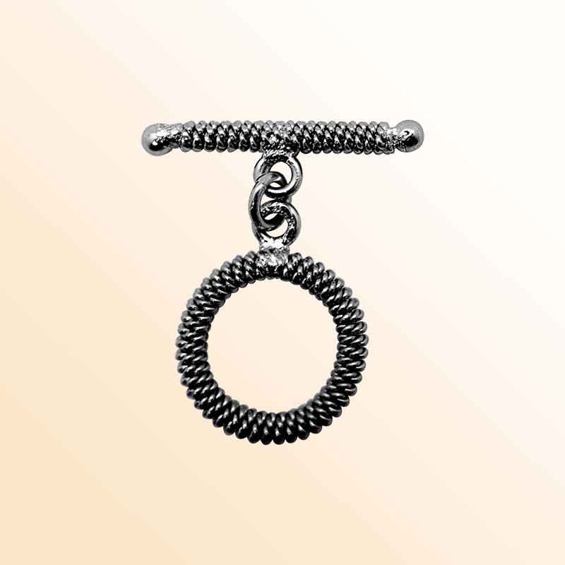 Handcrafted Black Rhodium Overlay toggle clasp from India with coil pattern circular ring and bar design for jewelry.