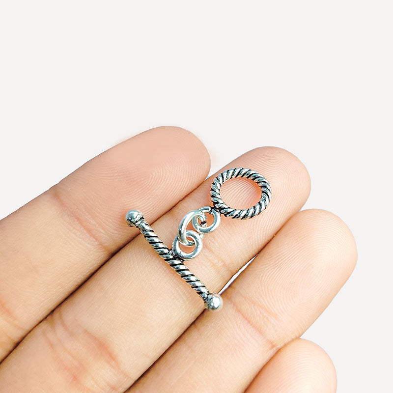 Decorative Silver Overlay toggle clasp with twisted rope pattern, round loop and bar design, oxidized finish, artisan jewelry fastener for necklaces and bracelets.