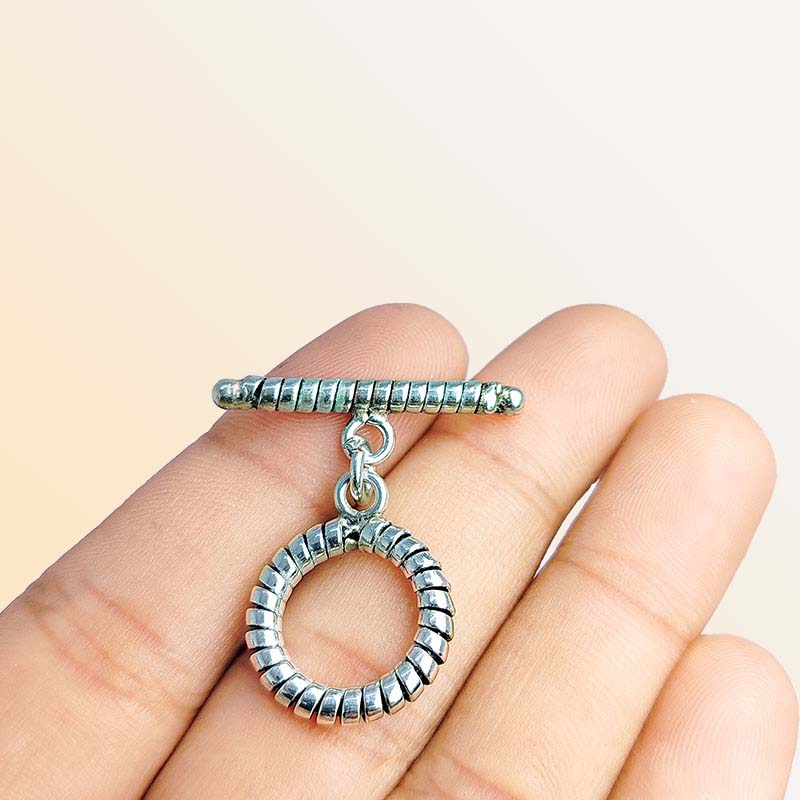Antique Silver Overlay ridged toggle clasp with circular ring and textured bar, handcrafted Bali jewelry closure for necklaces and bracelets.
