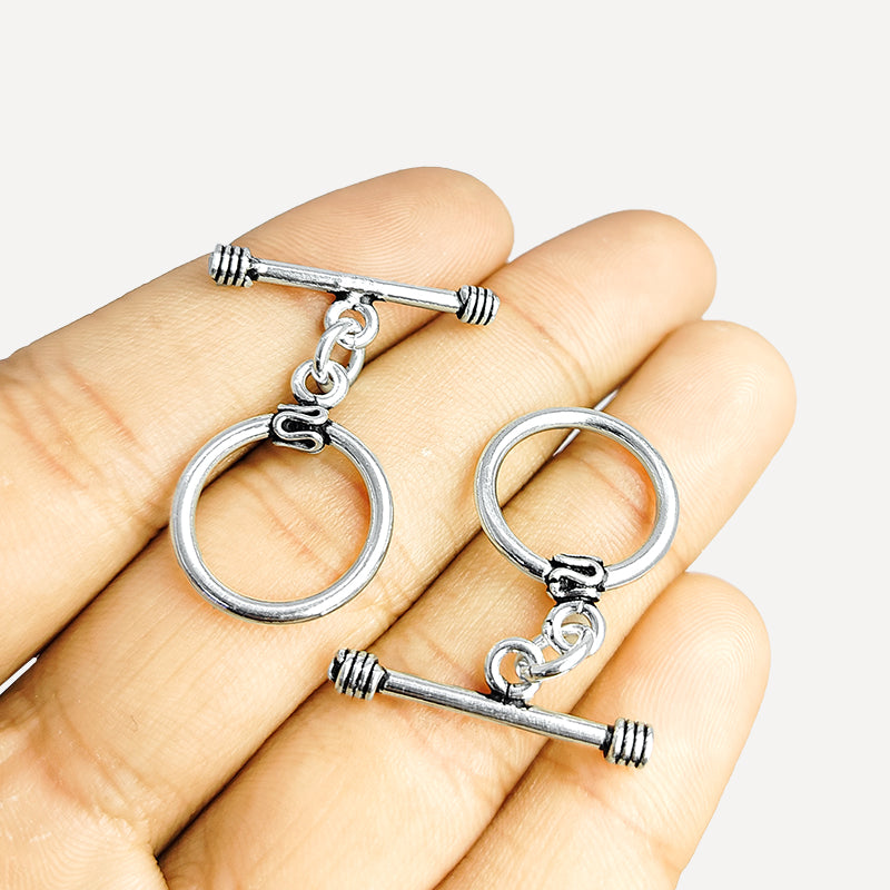 Classic Silver Overlay round toggle clasp with smooth ring and bar closure, ideal for DIY bracelets, necklaces, and handmade jewelry projects.