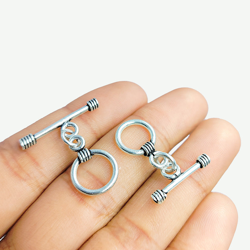 Polished Silver Overlay toggle closure with coil accents, handcrafted in India for bracelets and necklaces.