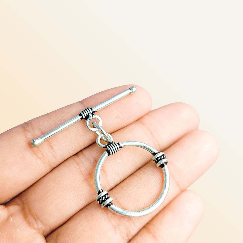 Polished Silver Overlay toggle closure with decorative wire accents, handcrafted in India for bracelets and necklaces.