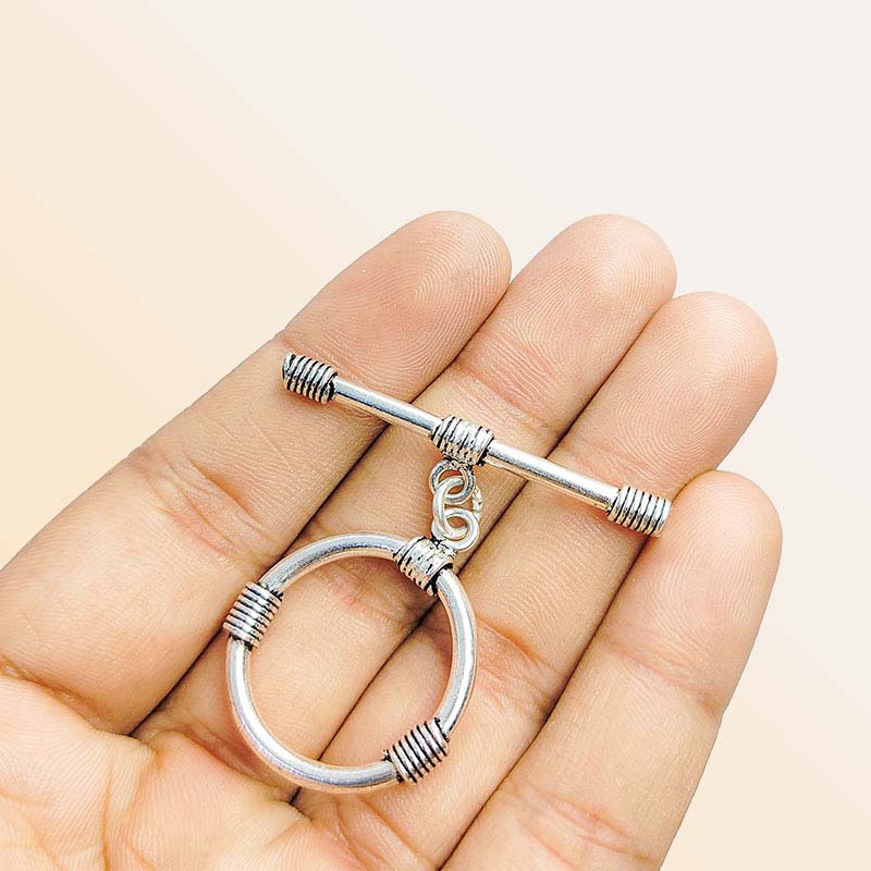 Polished Silver Overlay toggle closure with decorative wire accents, handcrafted in India for bracelets, necklaces, and DIY jewelry.