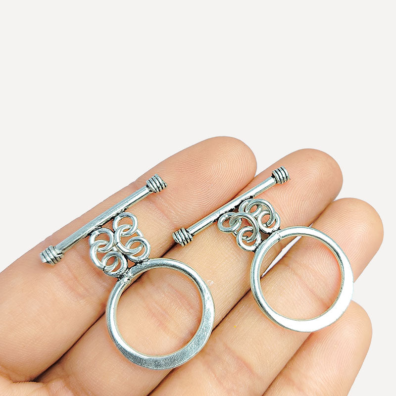 Elegant Silver Overlay round toggle clasp with swirl-accented design, perfect for necklaces and bracelets, handcrafted in India.
