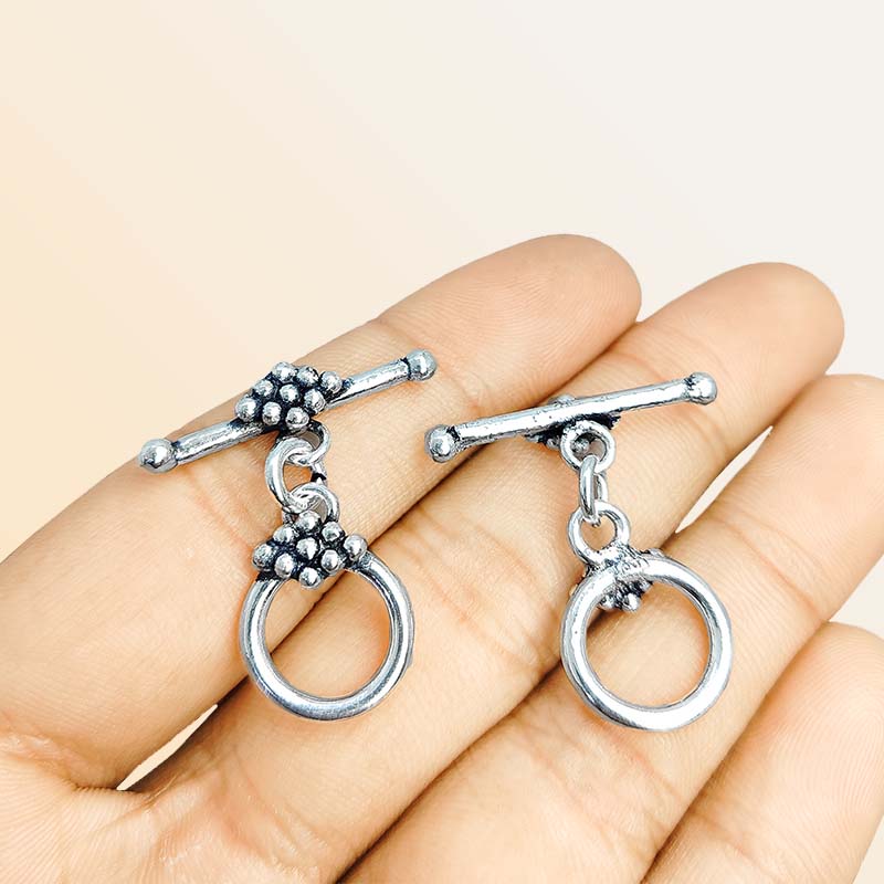 Elegant Silver Overlay decorative toggle clasp with round loop and polished bar design, perfect for necklaces and bracelets, handcrafted in India.