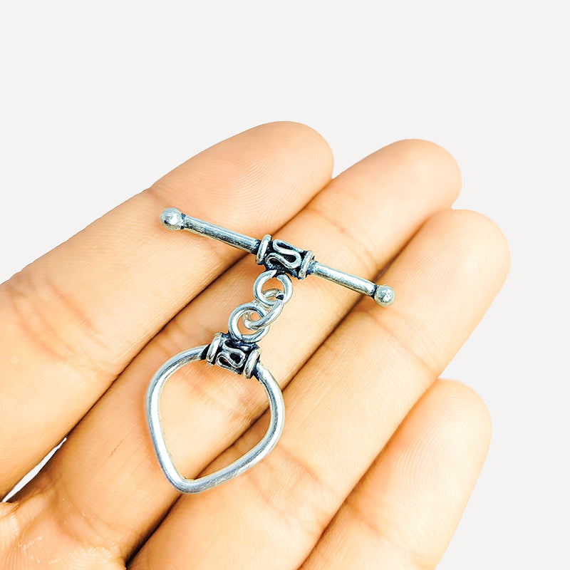 Elegant Silver Overlay heart toggle clasp with polished heart-shaped loop and bar design, perfect for necklaces and bracelets, handcrafted in India.