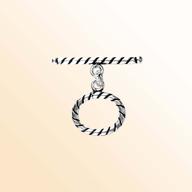 Elegant Silver Overlay rope toggle clasp with twisted circular loop and textured bar design, perfect for necklaces and bracelets, handcrafted in India.