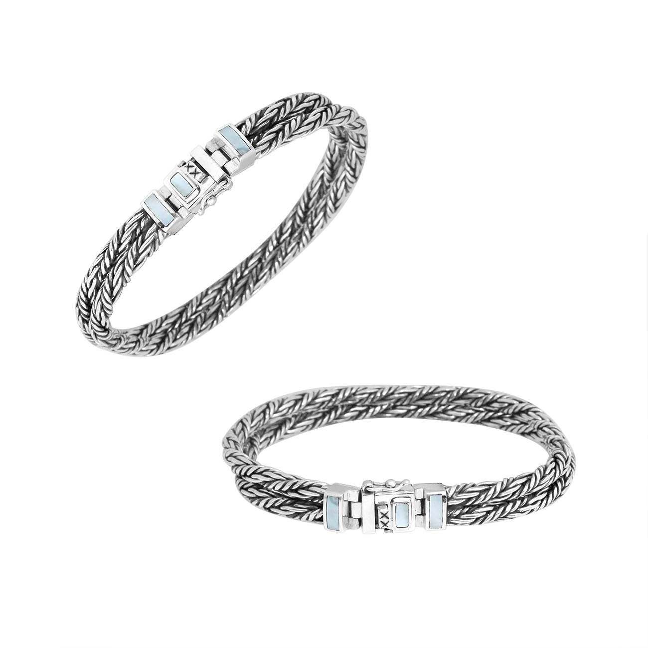 Sterling silver double-braided bracelet with Mother of Pearl inlay clasp, shown in two angles on white background.
