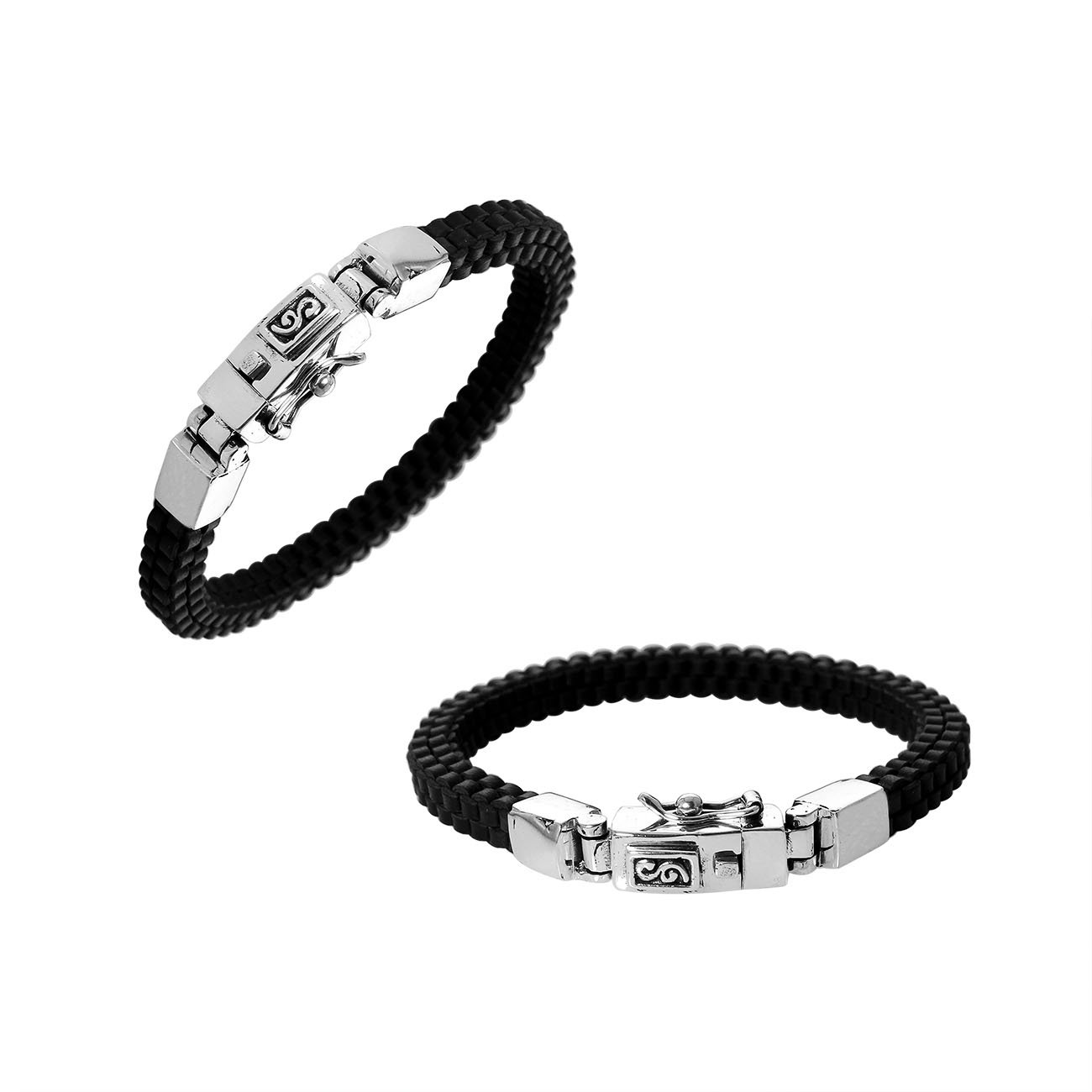 Black Leather sterling silver braided bracelet with box clasp and polished finish