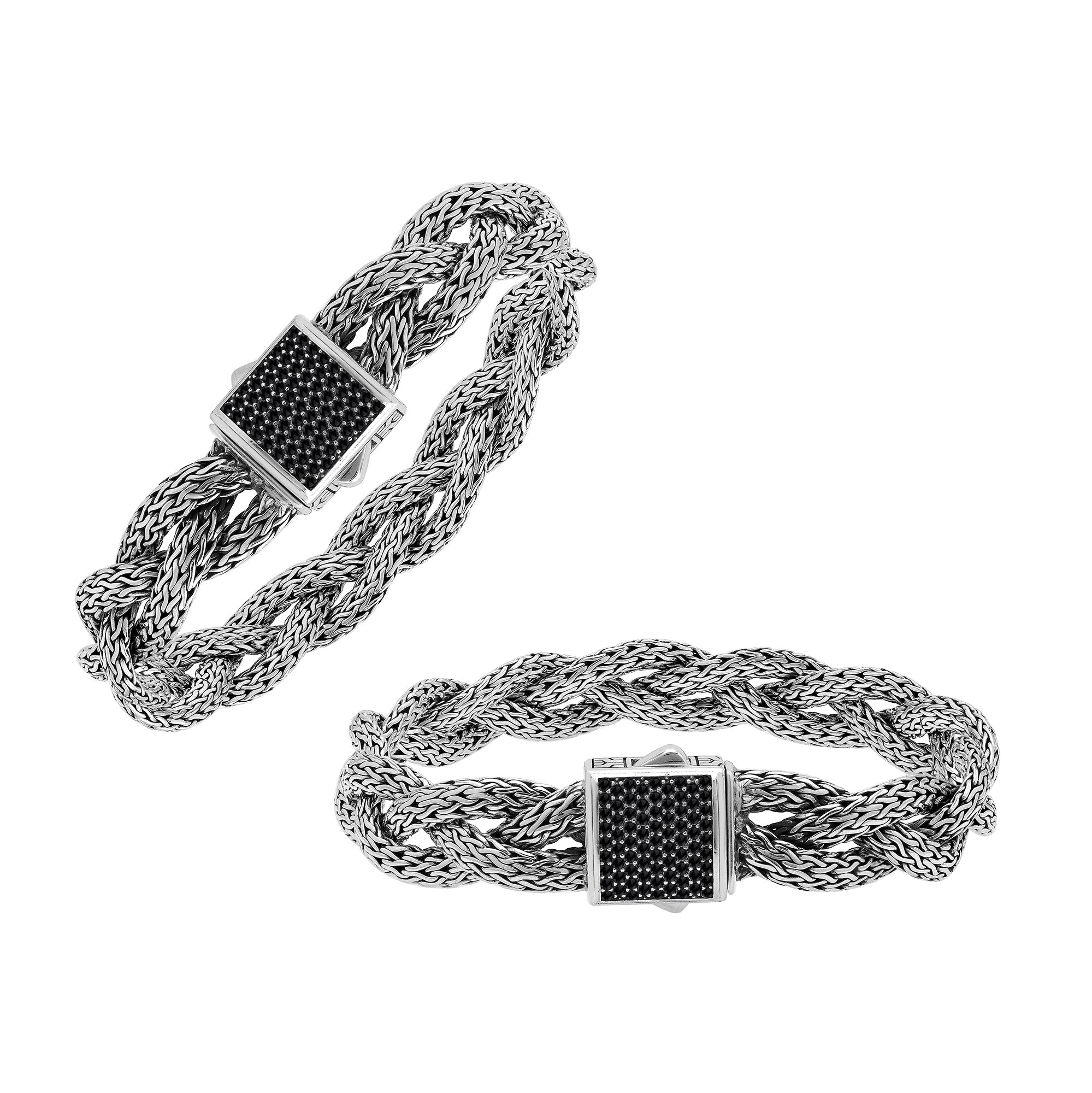 Sterling Silver Twisted Bracelet With Black Zirconia Square Clasp
