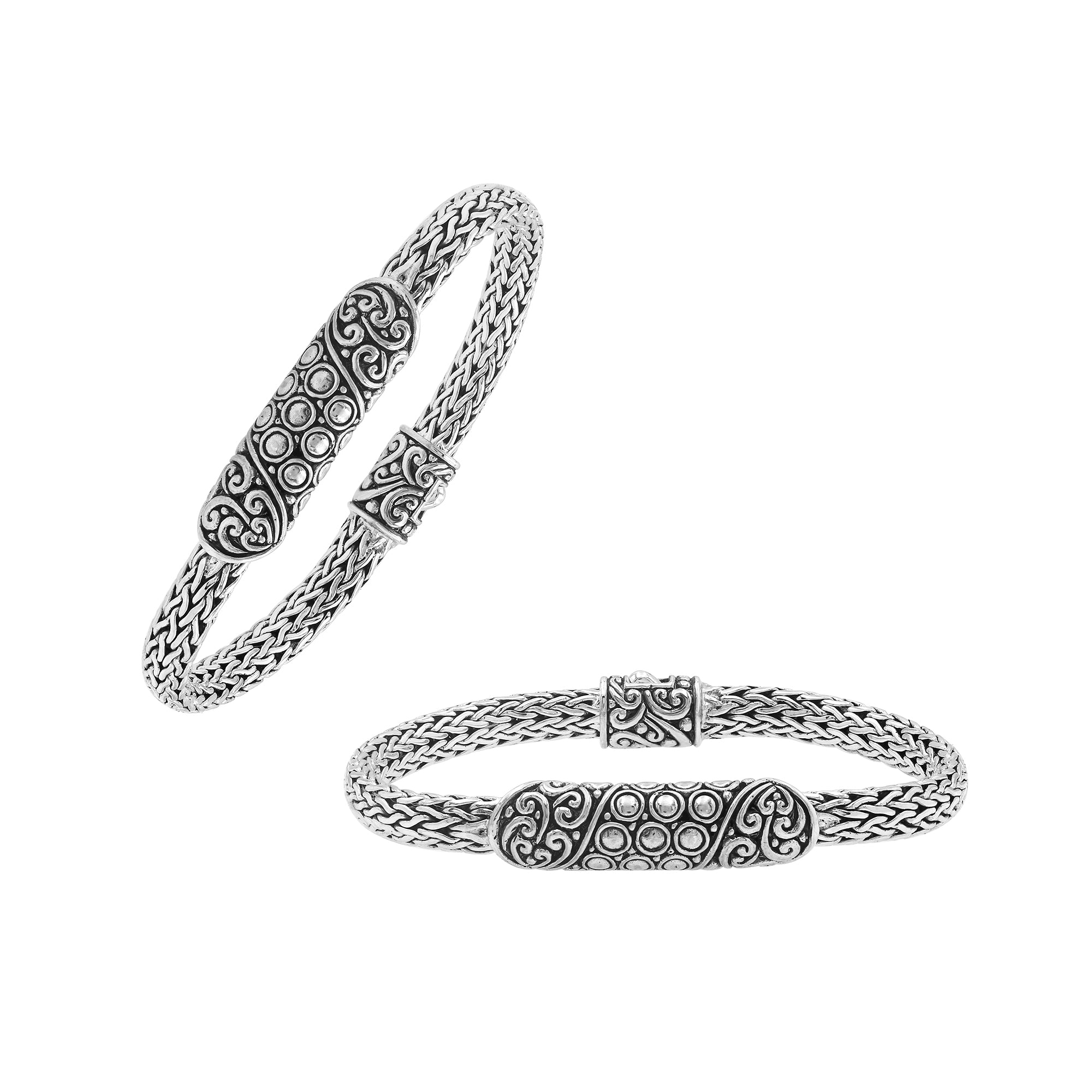 Elegant sterling silver Byzantine bracelet with Balinese bar detailing and oxidized pattern