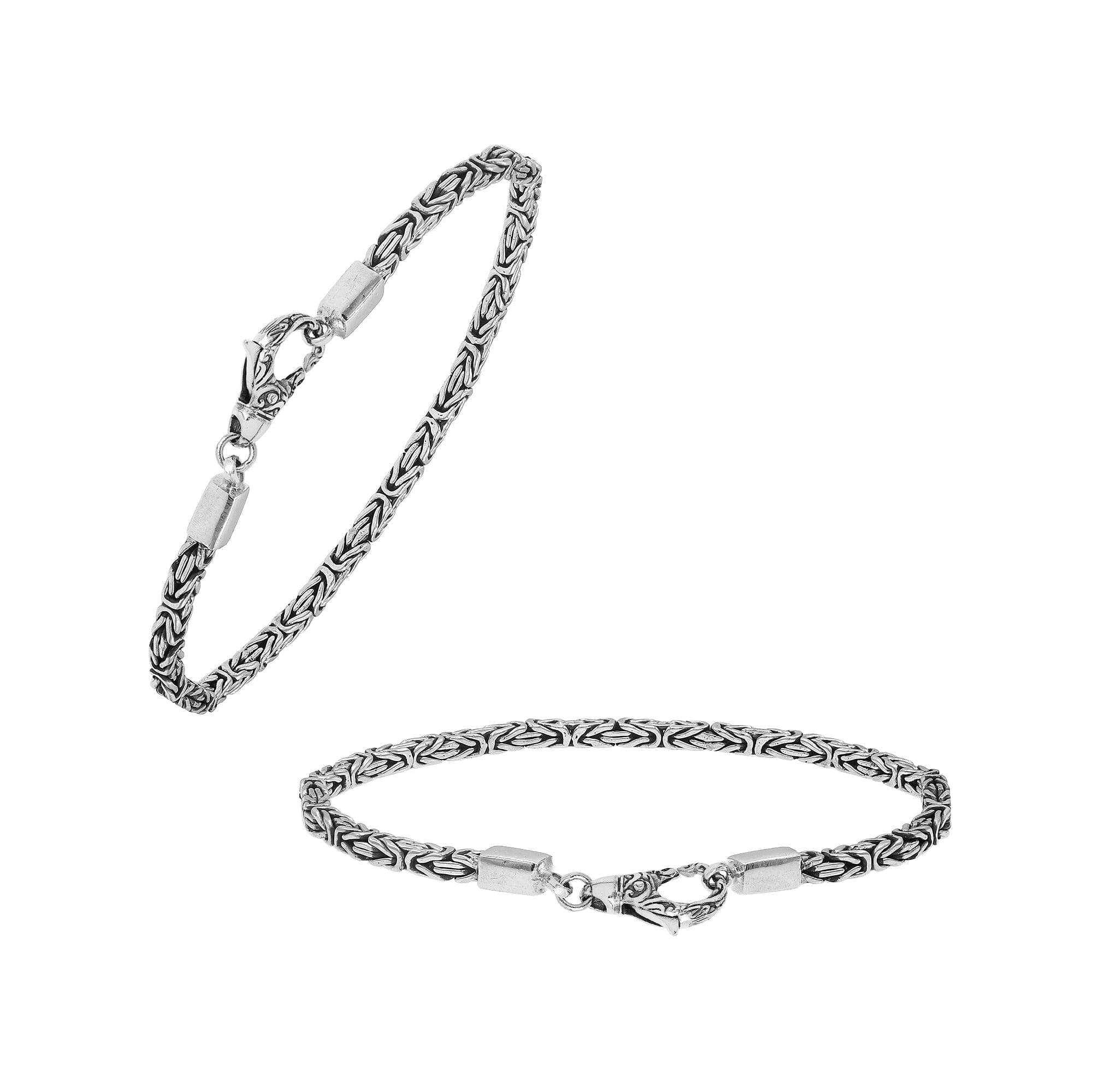 Sterling silver Balinese bracelet featuring woven chain design and handcrafted lobster clasp made in Bali.