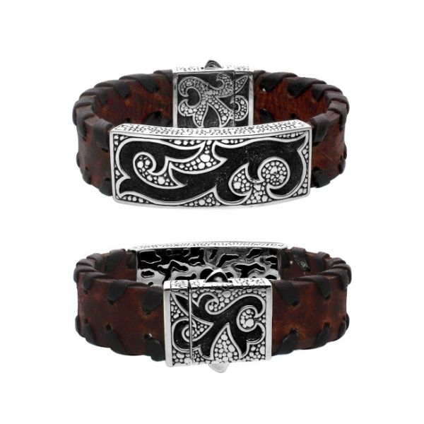 Handcrafted sterling silver and brown leather bracelet featuring Balinese engravings, an 8-inch fit, and a secure box clasp for stylish men’s everyday and statement wear.
