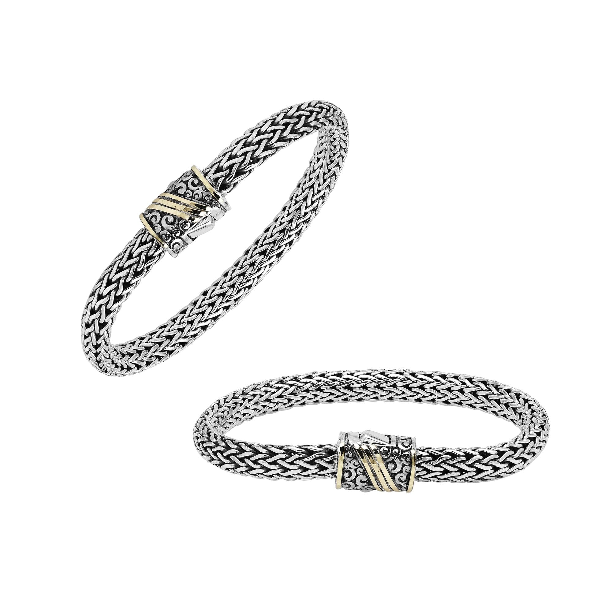 Handcrafted Sterling Silver & 18K Gold Bali Wheat Bracelet With Ornate Dual-Tone Scrollwork Clasp And Artisan Detailing