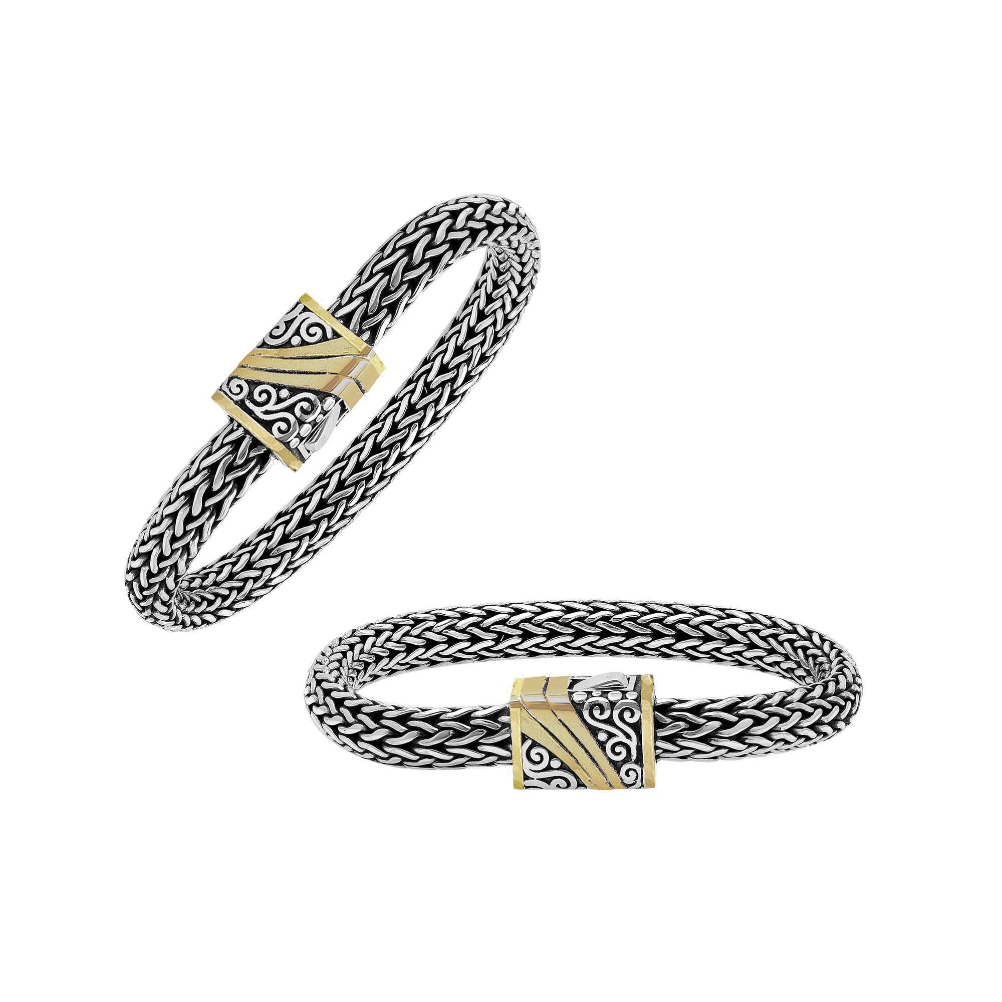 Handcrafted Sterling Silver & 18K Gold Bali Wheat Bracelet With Swirl-Pattern Dual-Tone Clasp And Artisan Detailing