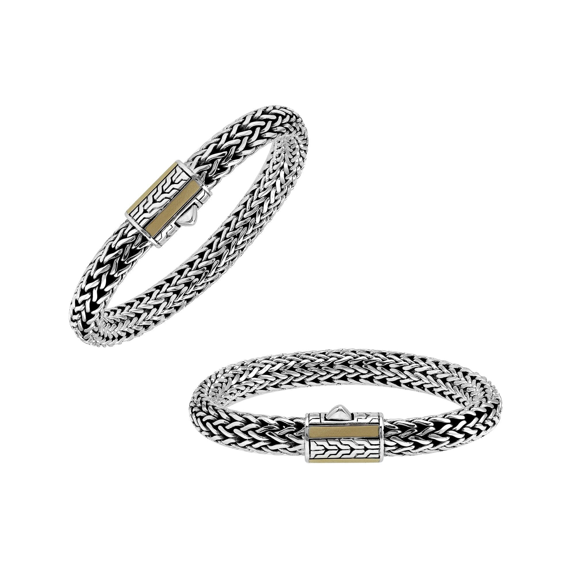 Handcrafted Sterling Silver & 18K Gold Bali Wheat Bracelet With Geometric Dual-Tone Clasp And Artisan Weave