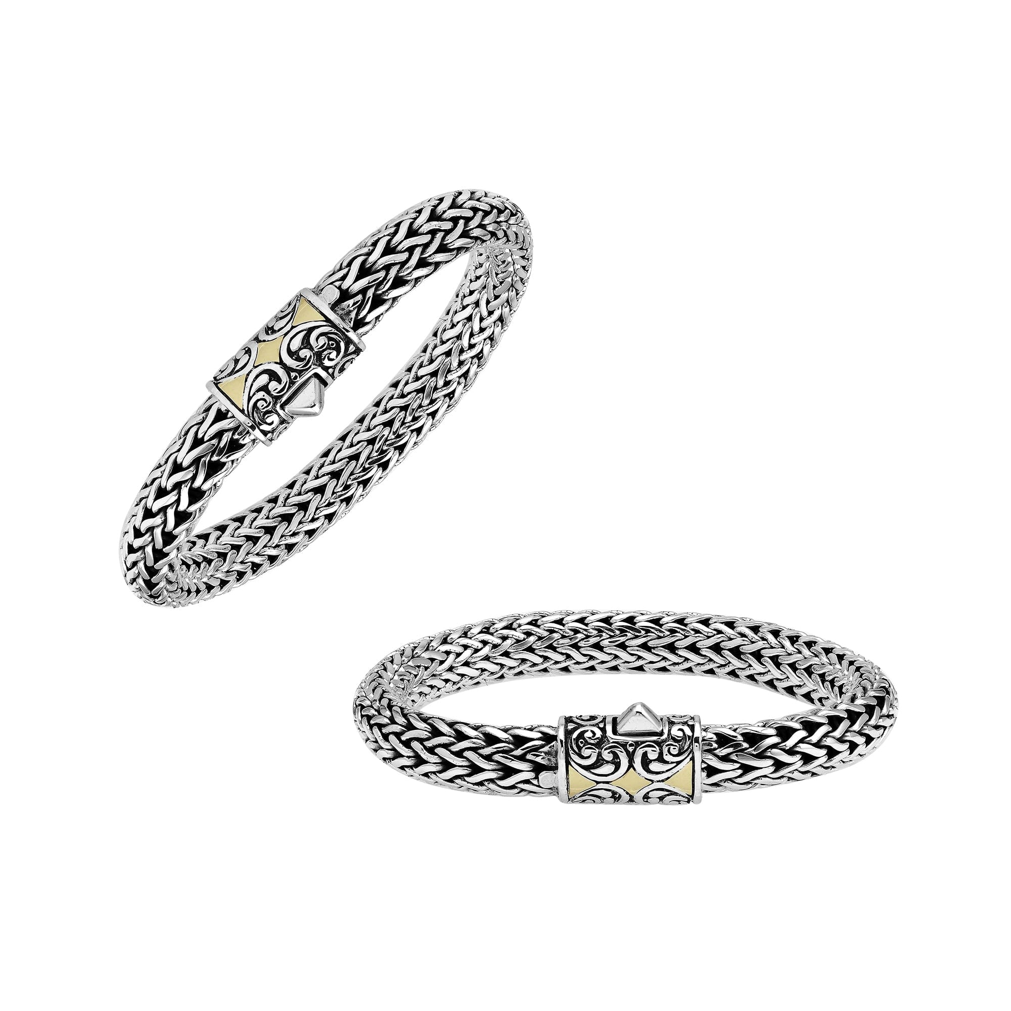 Handcrafted Sterling Silver & 18K Gold Bali Wheat Bracelet With Swirl Pattern Dual-Tone Clasp And Artisan Scrollwork