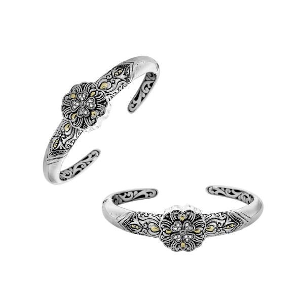 Sterling Silver With 18K Gold Diamond Floral Mandala Balinese Engraved Cuff Bracelet