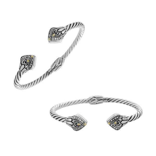 Sterling Silver With 18K Gold Diamond Double Heart Balinese Cable Cuff Bracelet