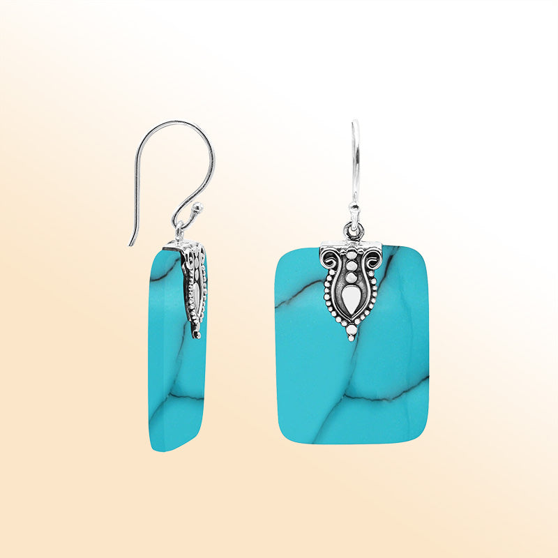 Artistic Turquoise Shell rectangle earrings with ornate silver crest