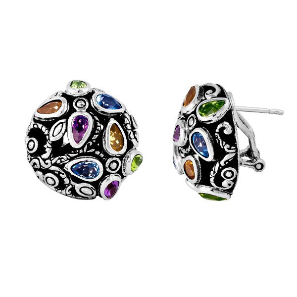 Artistic Sterling Silver Dome Earrings With Multi Stone Quartz Accents