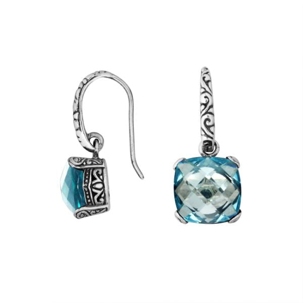 AE-6161-BT Sterling Silver Earring With Blue Topaz Q. Cushion Chekerboard Jewelry Bali Designs Inc