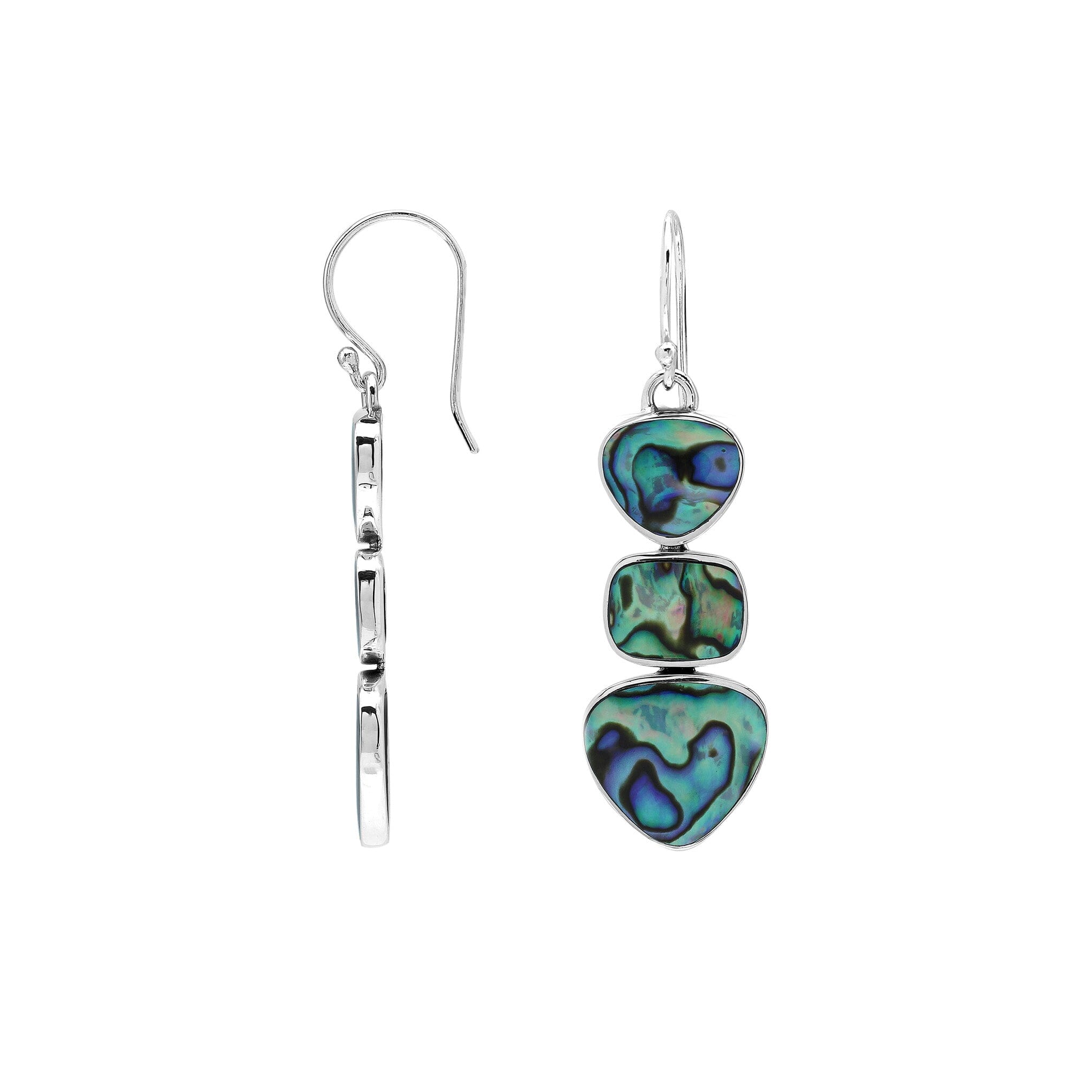 Handcrafted Balinese Sterling Silver Triple-Drop Earrings With Abalone Shell Hearts And Square Accents In Polished Finish