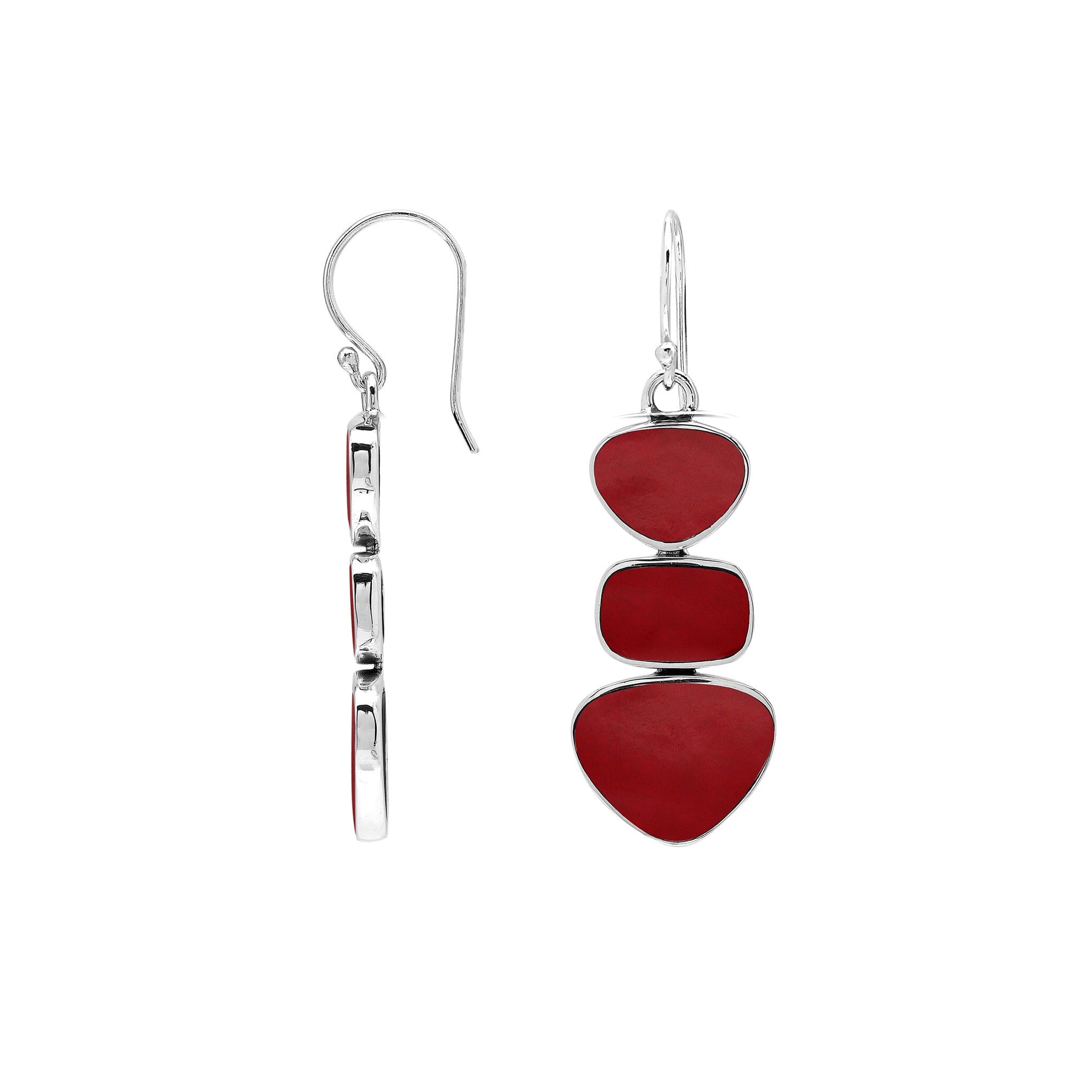 Handcrafted Balinese Sterling Silver Triple-Drop Earrings With Red Coral Hearts And Square Accents In Polished Finish