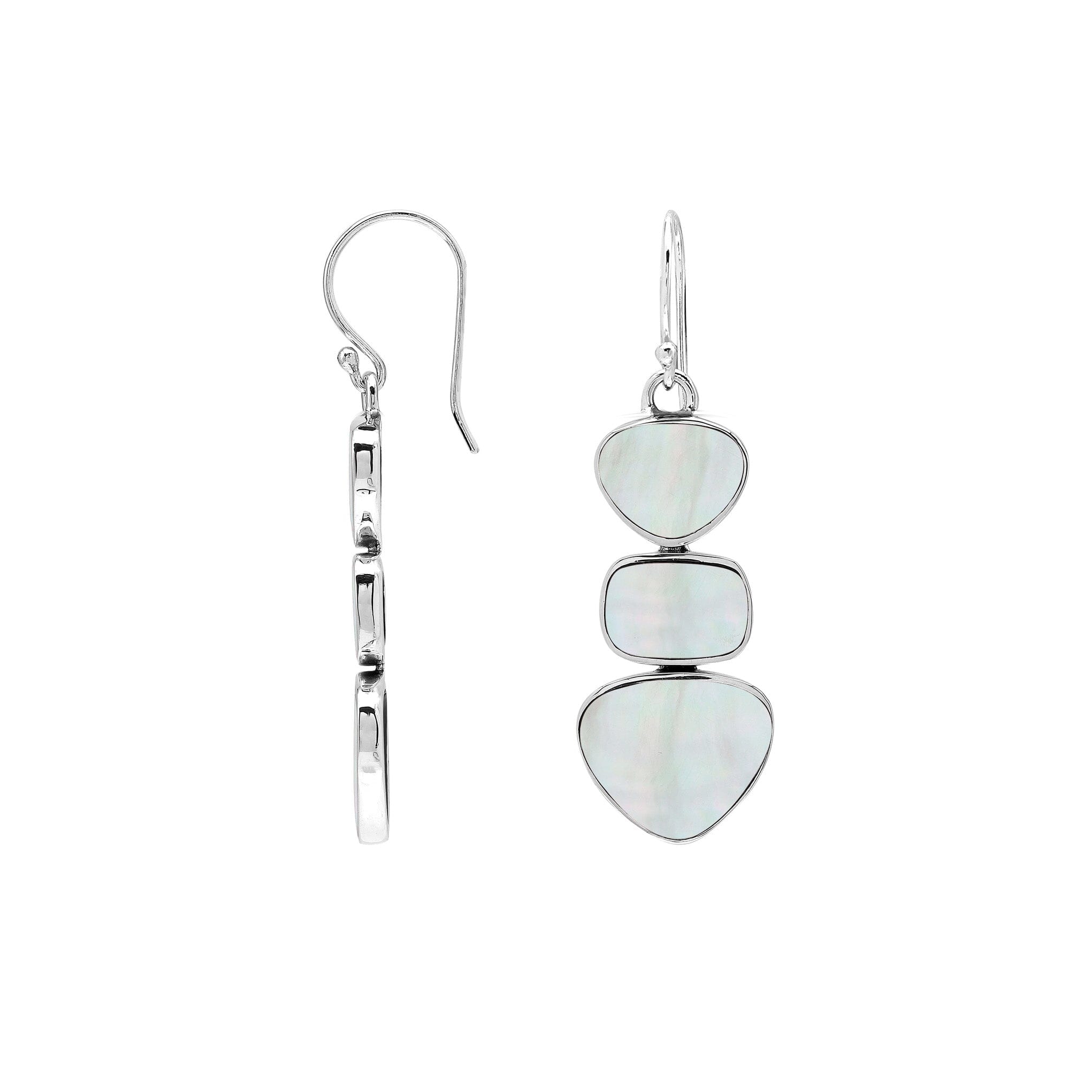 Handcrafted Balinese Sterling Silver Triple-Drop Earrings With Mother Of Pearl Hearts And Square Accents In Polished Finish